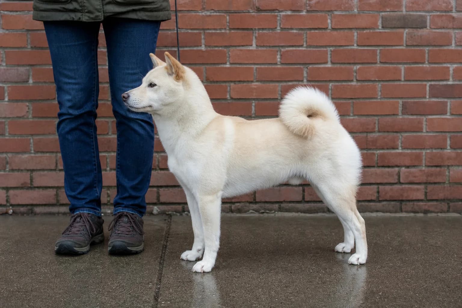 Cream Shiba Inu standing in full side profile beside an adult handler's legs