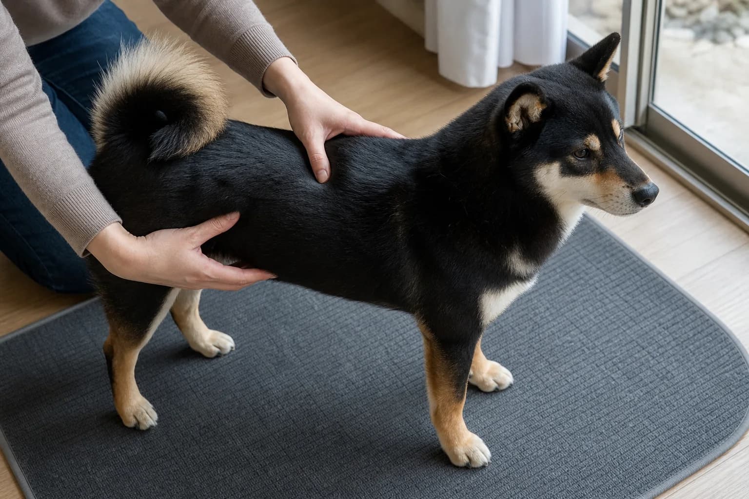 Owner checking the ribs and waist of a standing black-and-tan Shiba Inu