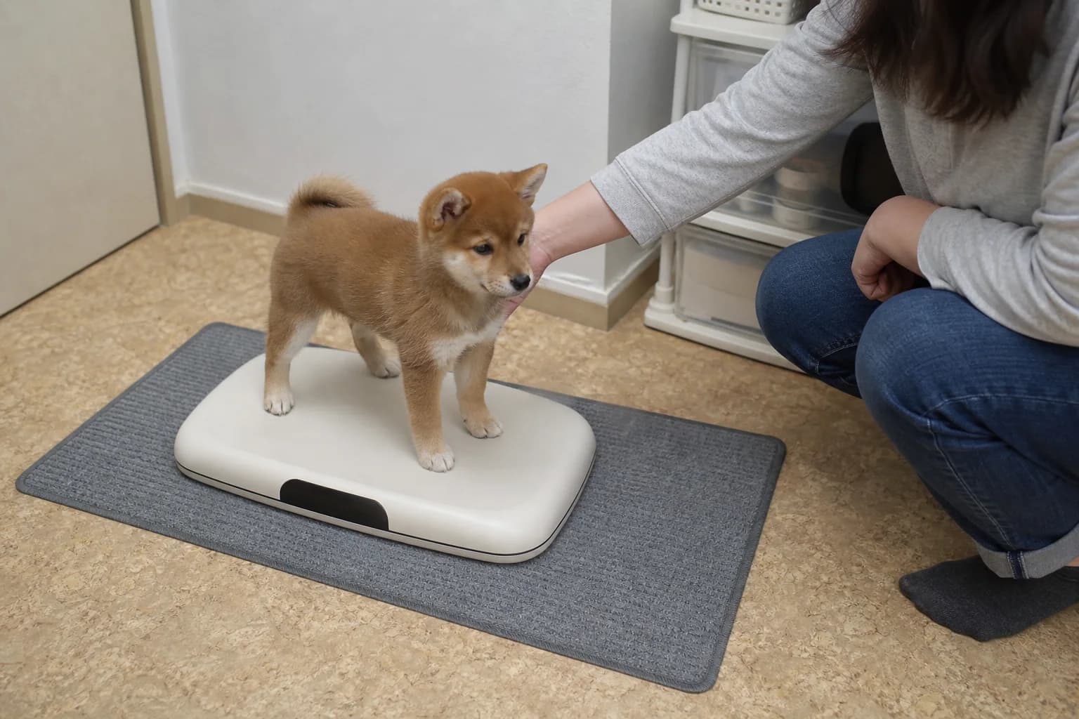 Red Shiba Inu puppy standing on a household pet scale while an owner steadies it
