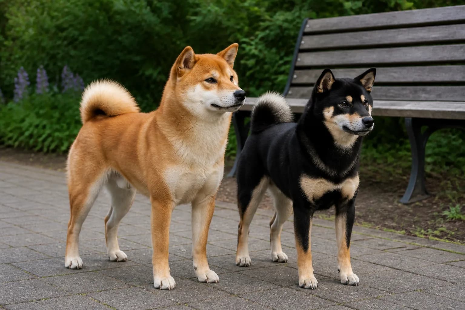 Adult male and female Shiba Inus standing beside an ordinary park bench for scale