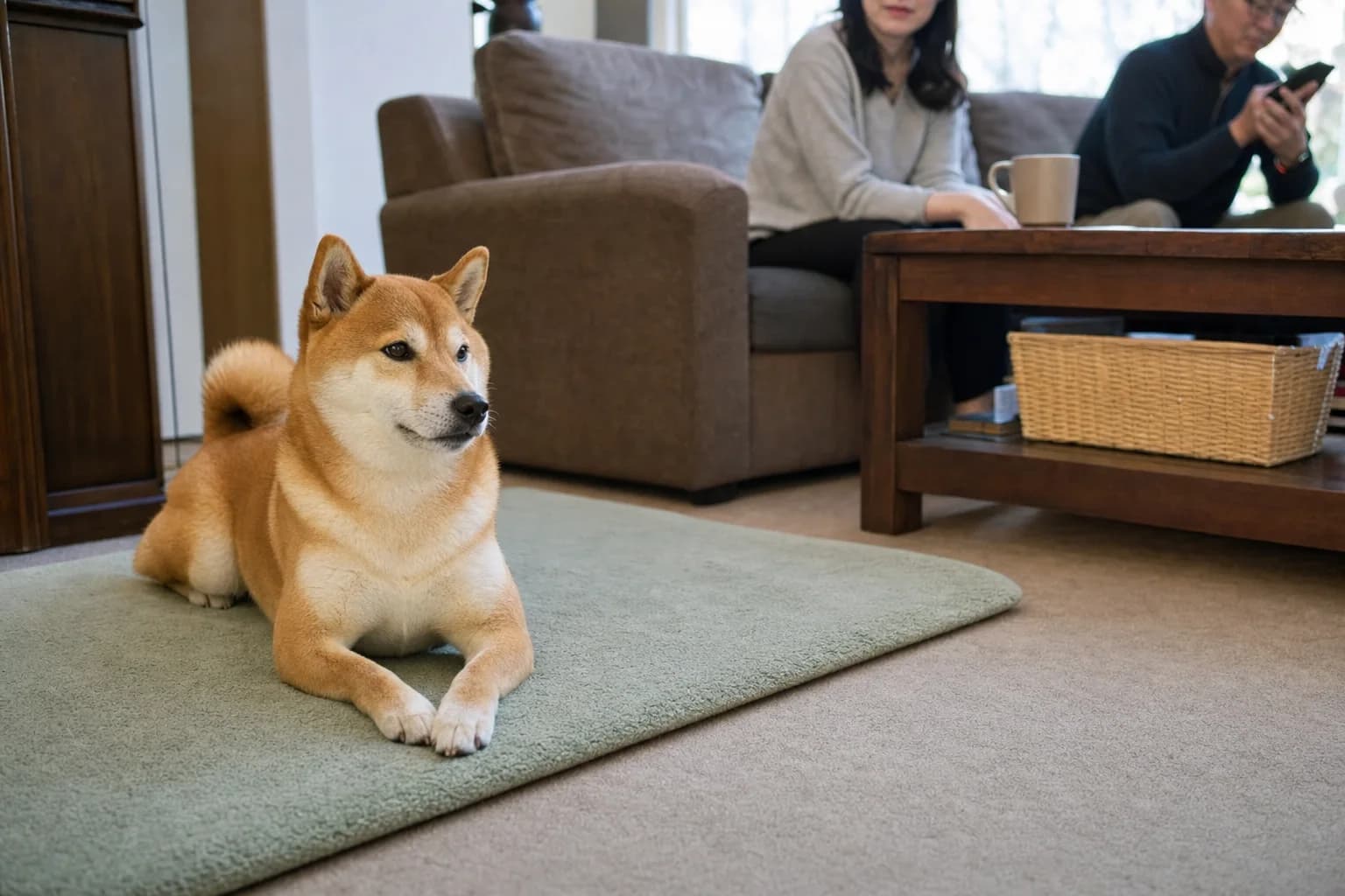 Red Shiba Inu resting independently on a mat while family members sit nearby