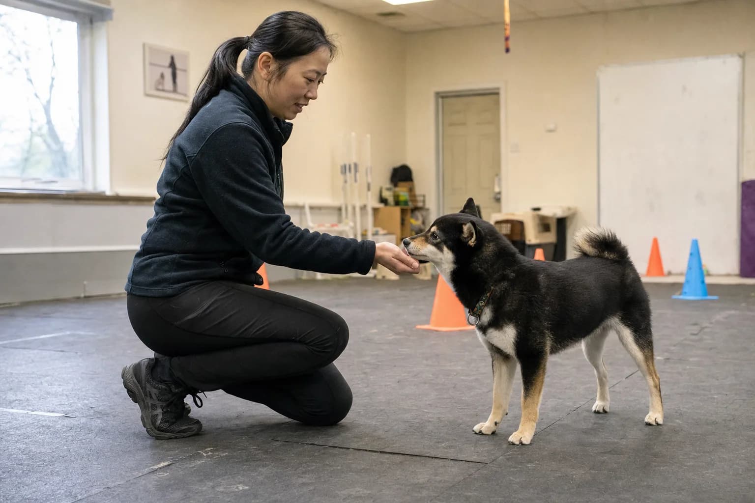 Handler rewarding an attentive black-and-tan Shiba Inu during a training session
