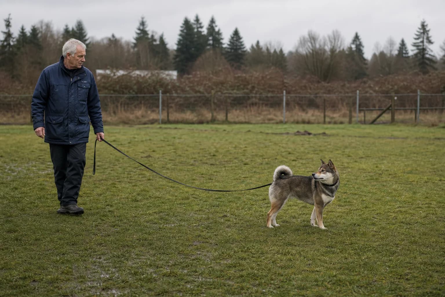 Sesame Shiba Inu turning away from a distant distraction on a loose leash