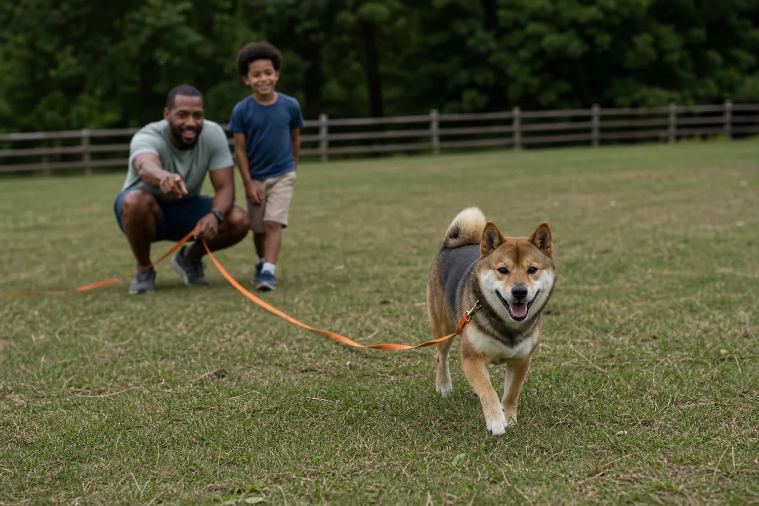 Shiba Inu moving on a long line while a father and child supervise from behind