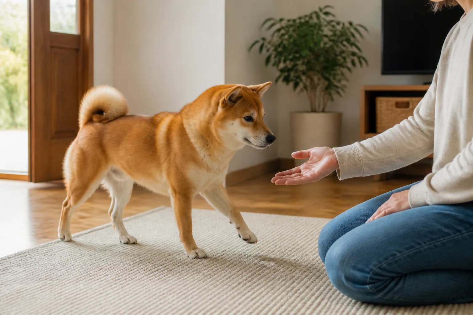 Red Shiba Inu choosing to approach a seated caregiver with an open hand