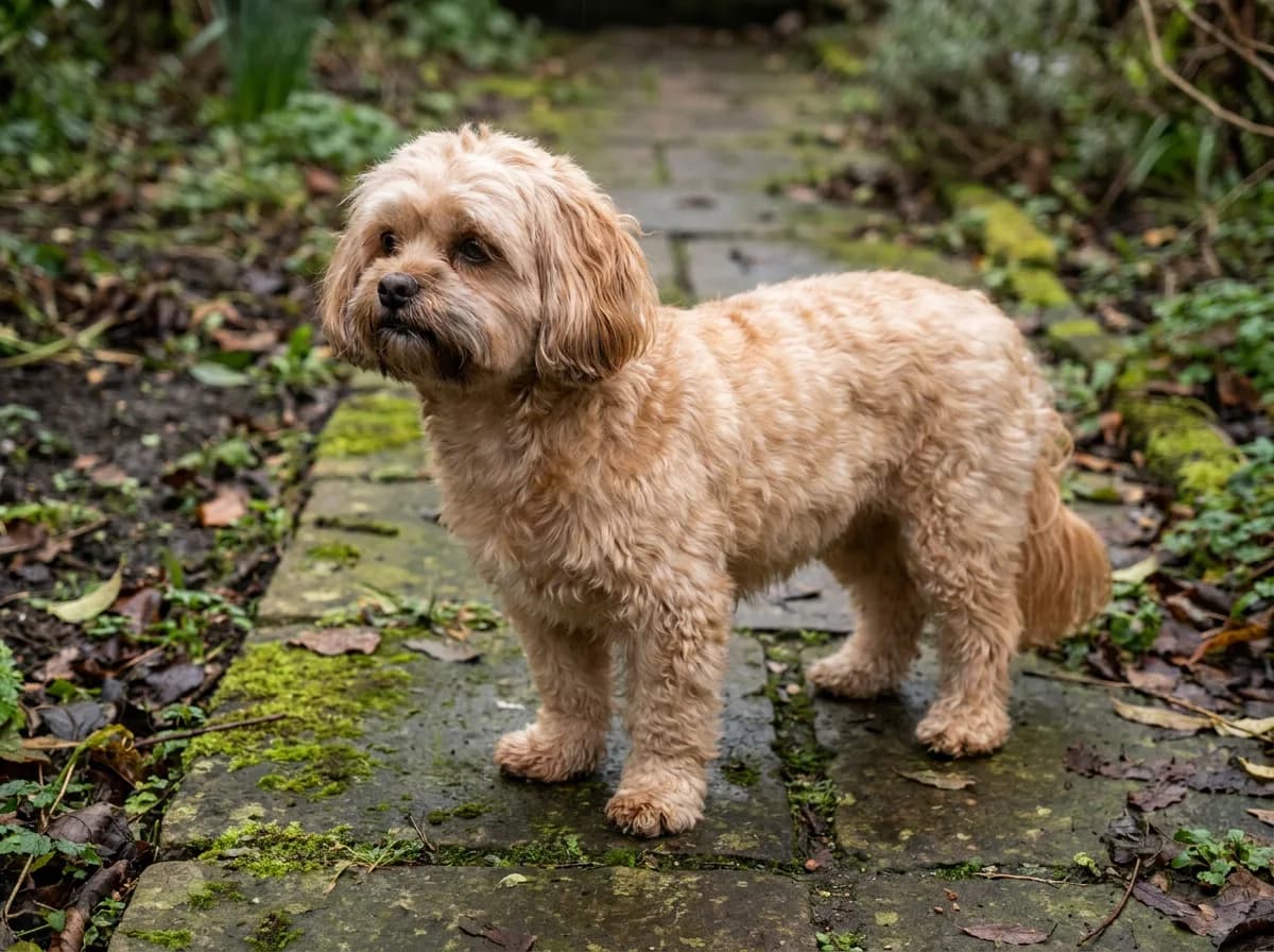 Apricot wavy-coated small dog standing on a mossy stone garden path