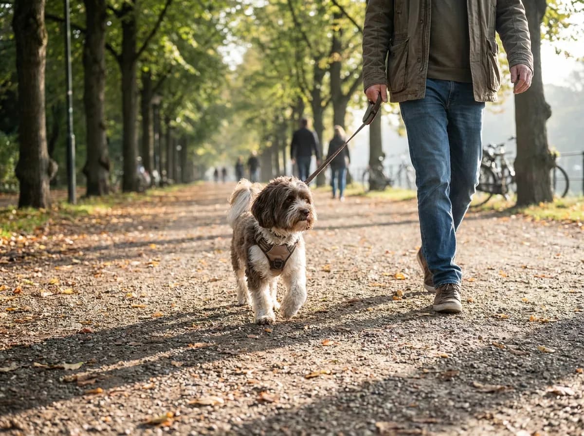 Small wavy-coated dog walking on a leash beside a person on a tree-lined path