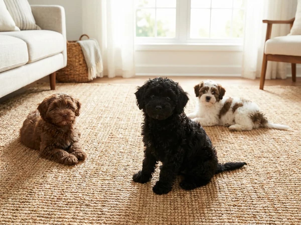 Three small puppies with black, brown, and white-and-brown coats resting on a woven rug