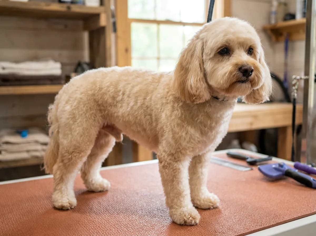 Cream small dog with a tidy short body clip standing on a terracotta grooming mat