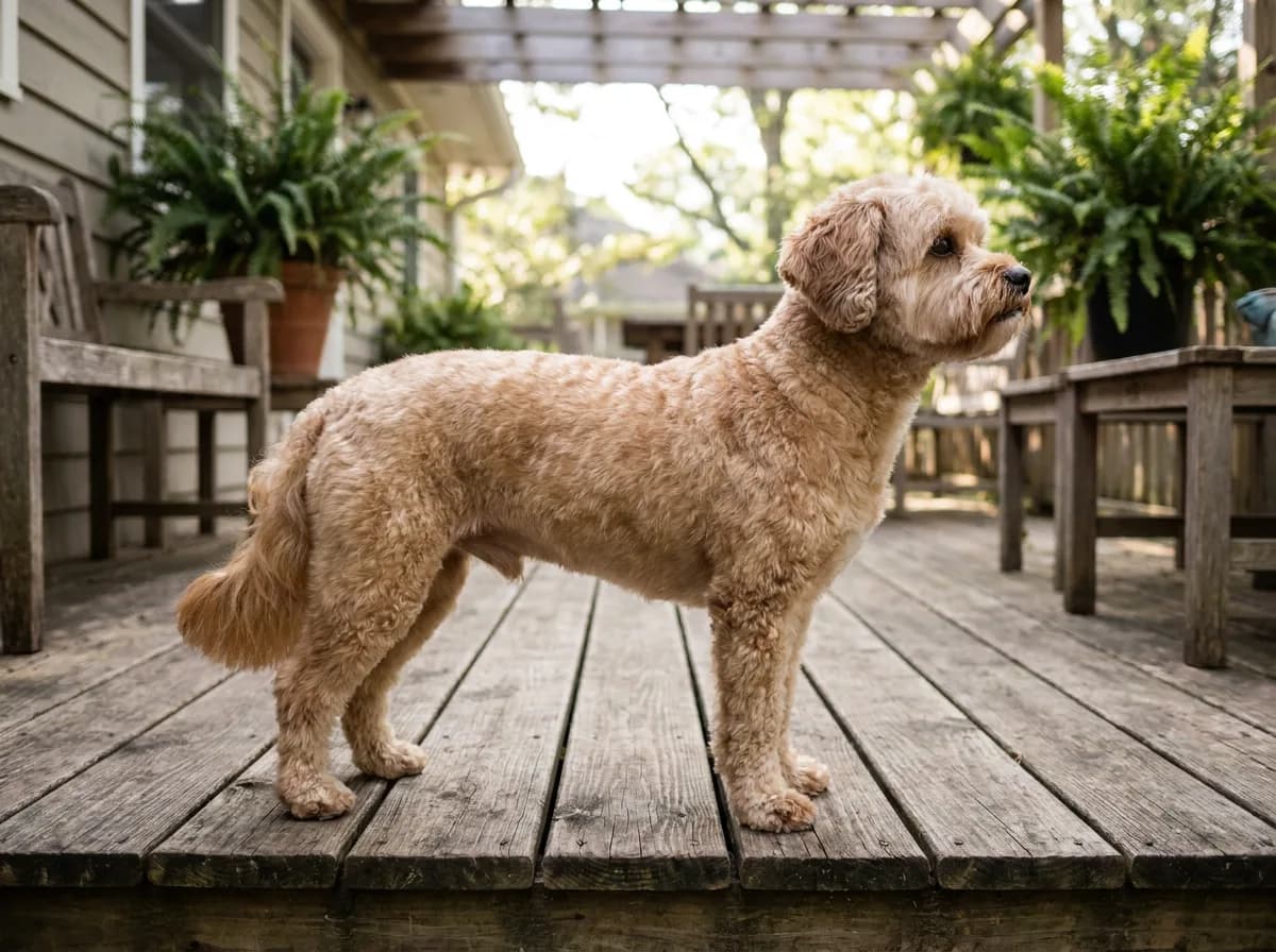 Tan small dog with a short body clip standing broadside on a wooden patio