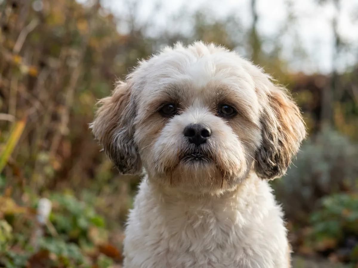 Cream-and-brown small dog with a rounded face and clearly visible eyes