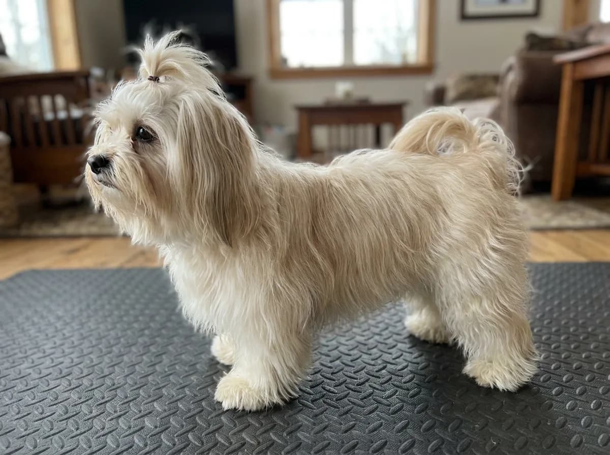 Long-haired cream small dog with a topknot standing on a dark nonslip mat