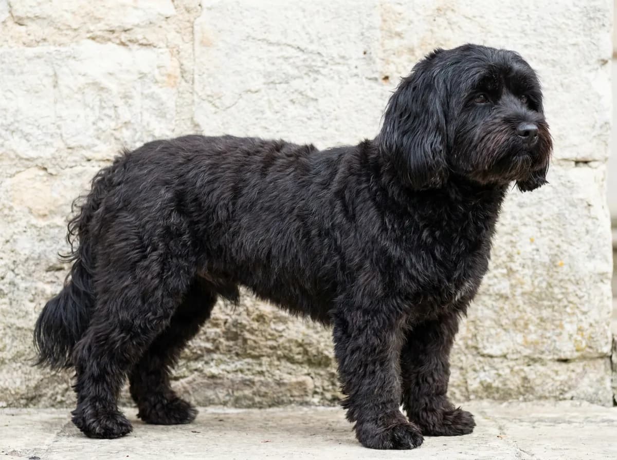 Black wavy-coated small dog with tidy feet standing beside a pale stone wall
