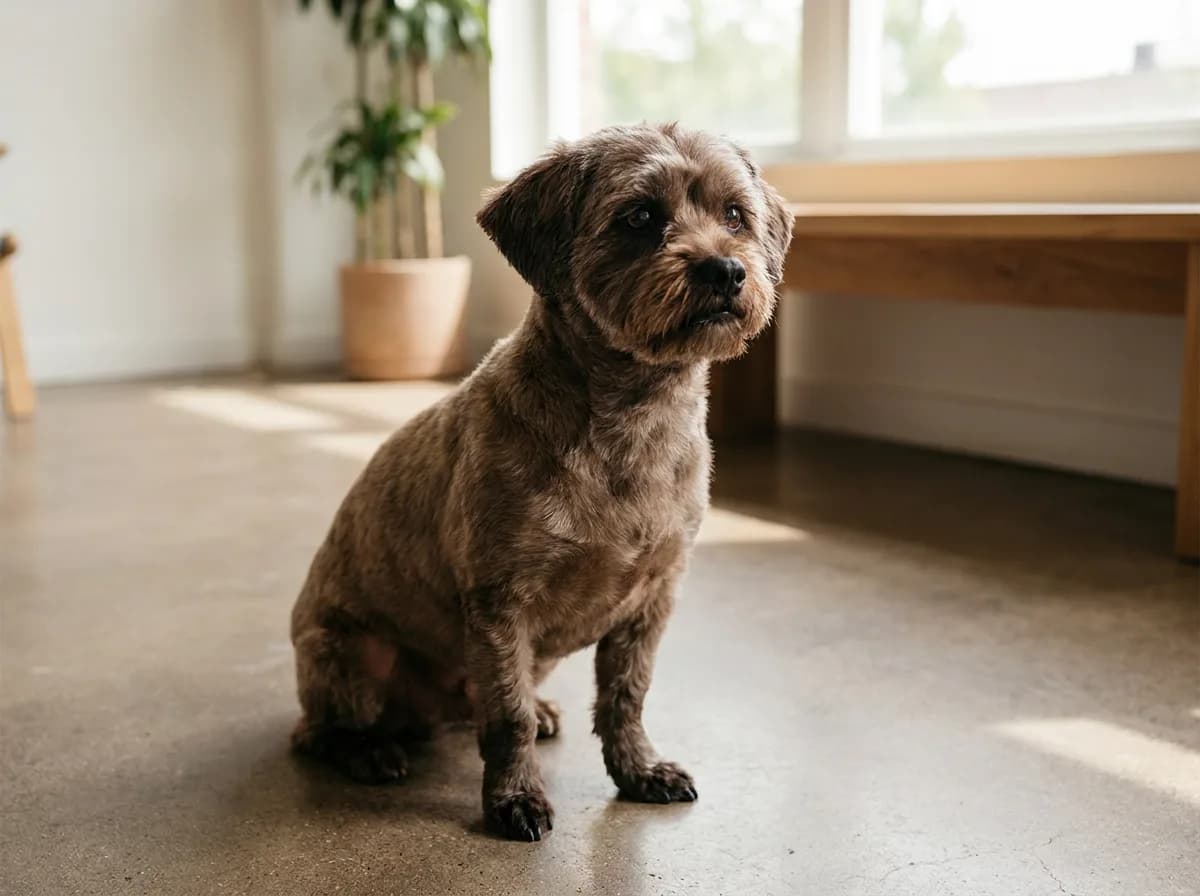 Brown small dog with a tidy short clip sitting on a gray floor