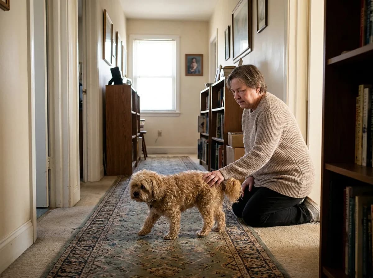 Person kneeling beside a brown small dog standing on a nonslip hallway runner