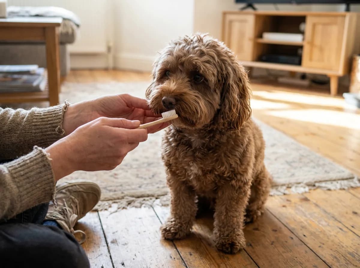 Person presenting a small toothbrush to a brown dog at floor level