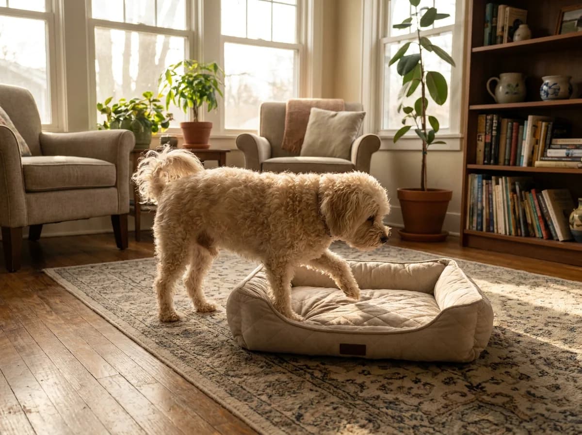 Cream small dog stepping into a low bed beside a rug in a sunroom