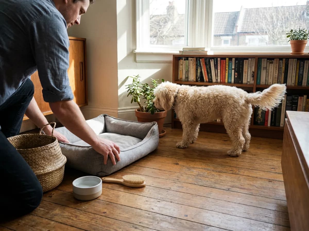 Person arranging a low bed while a cream small dog stands nearby