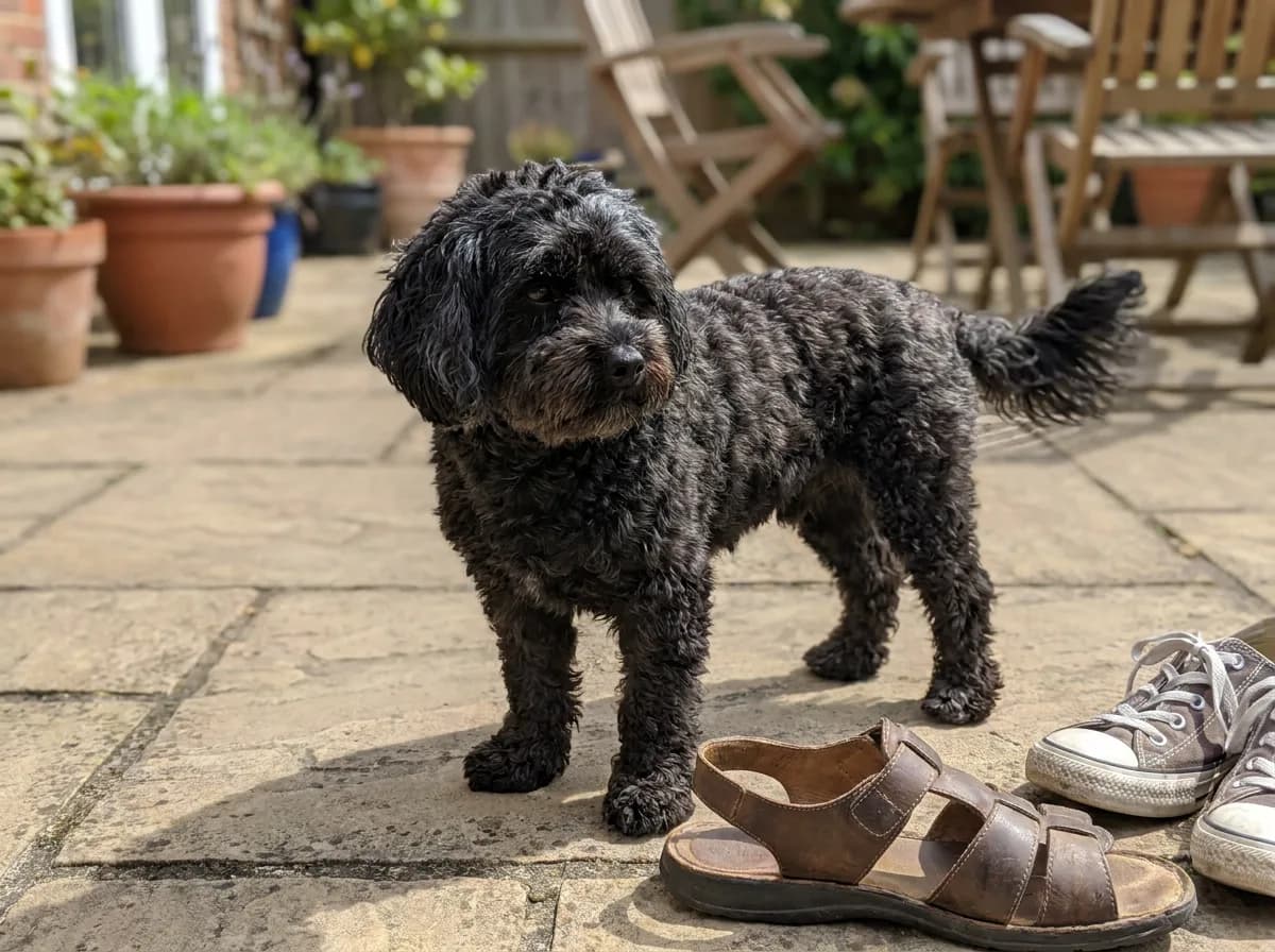 Black small dog standing near shoes on a paved patio