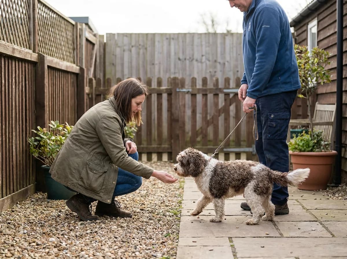 Small brown-and-white dog approaching a crouching person in a fenced courtyard