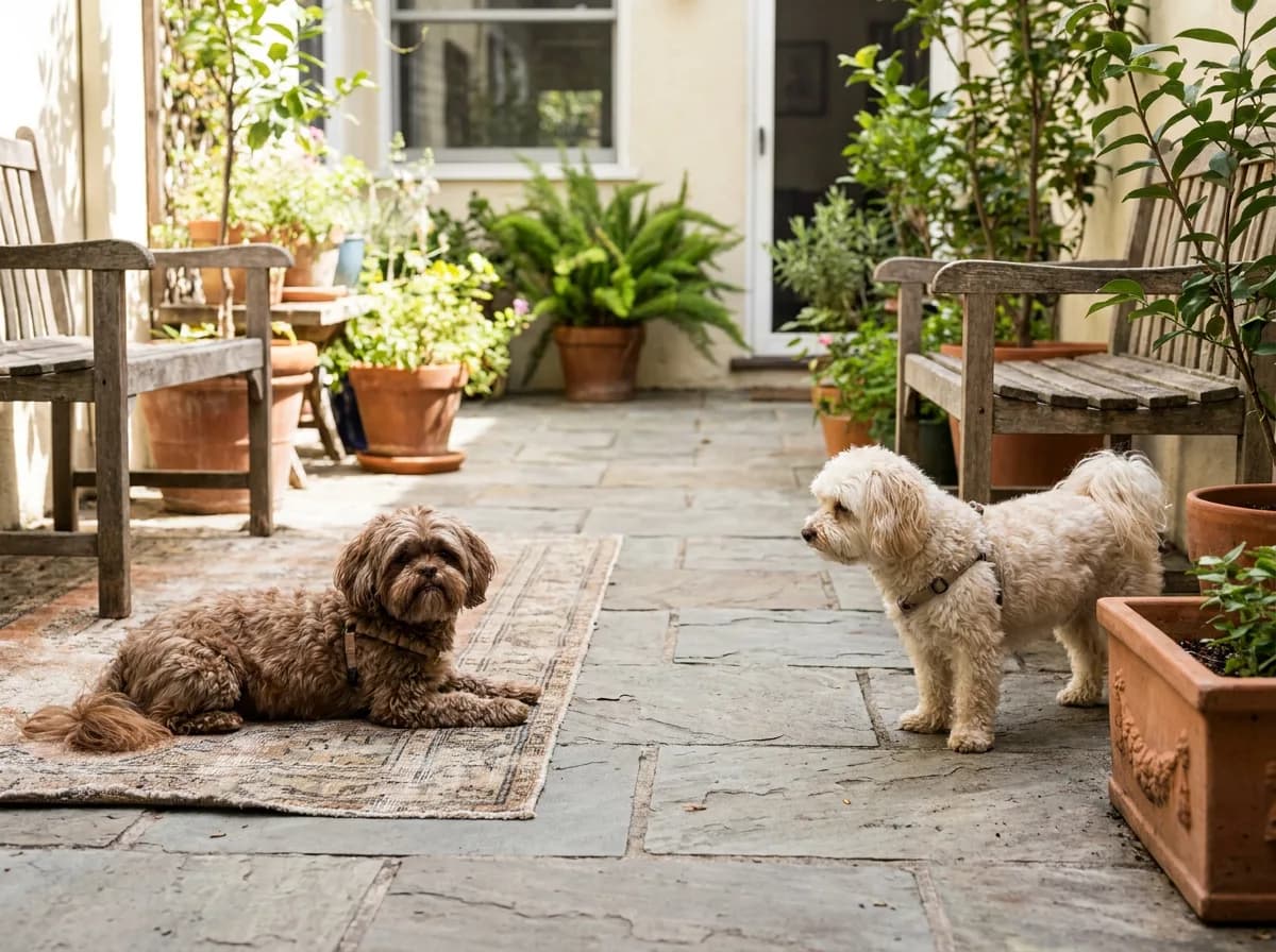 Brown and cream small companion dogs resting apart in a bright courtyard