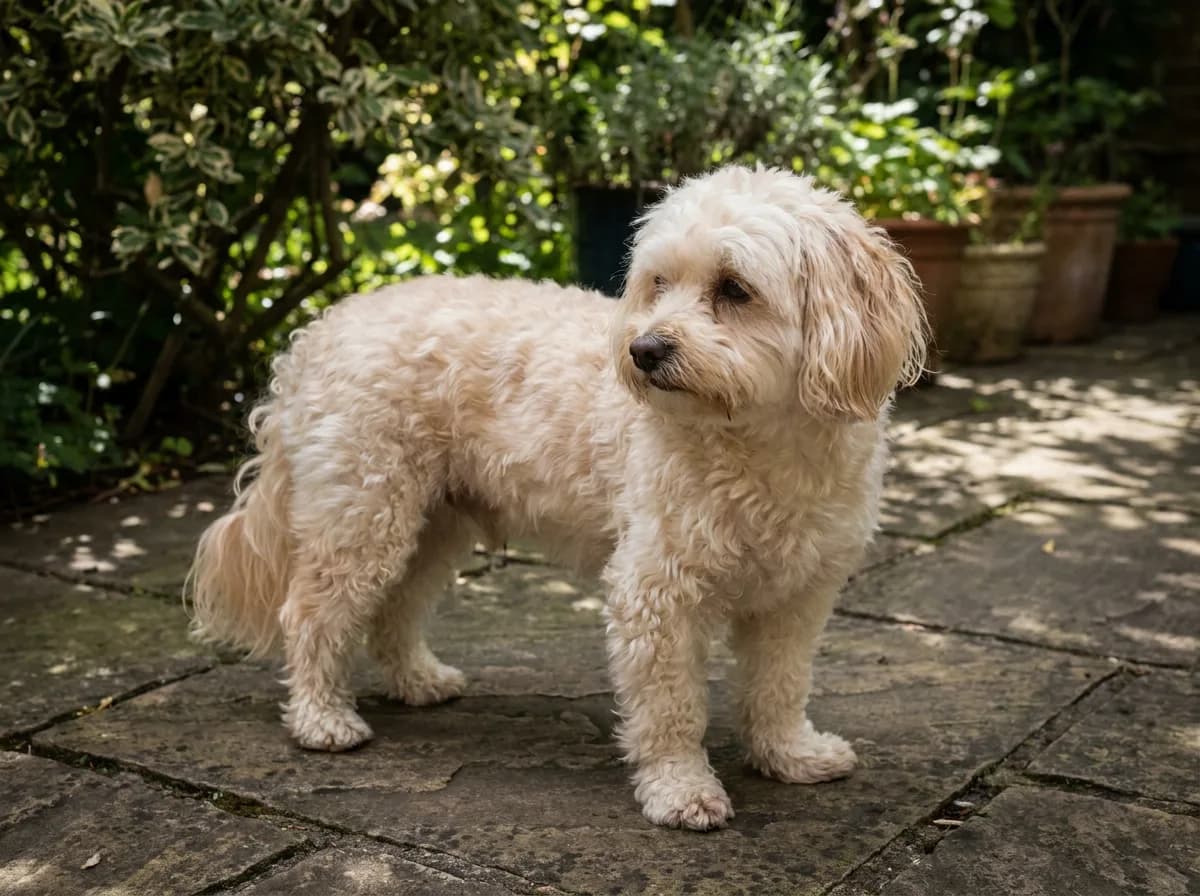 Cream loose-curled small dog standing on garden paving