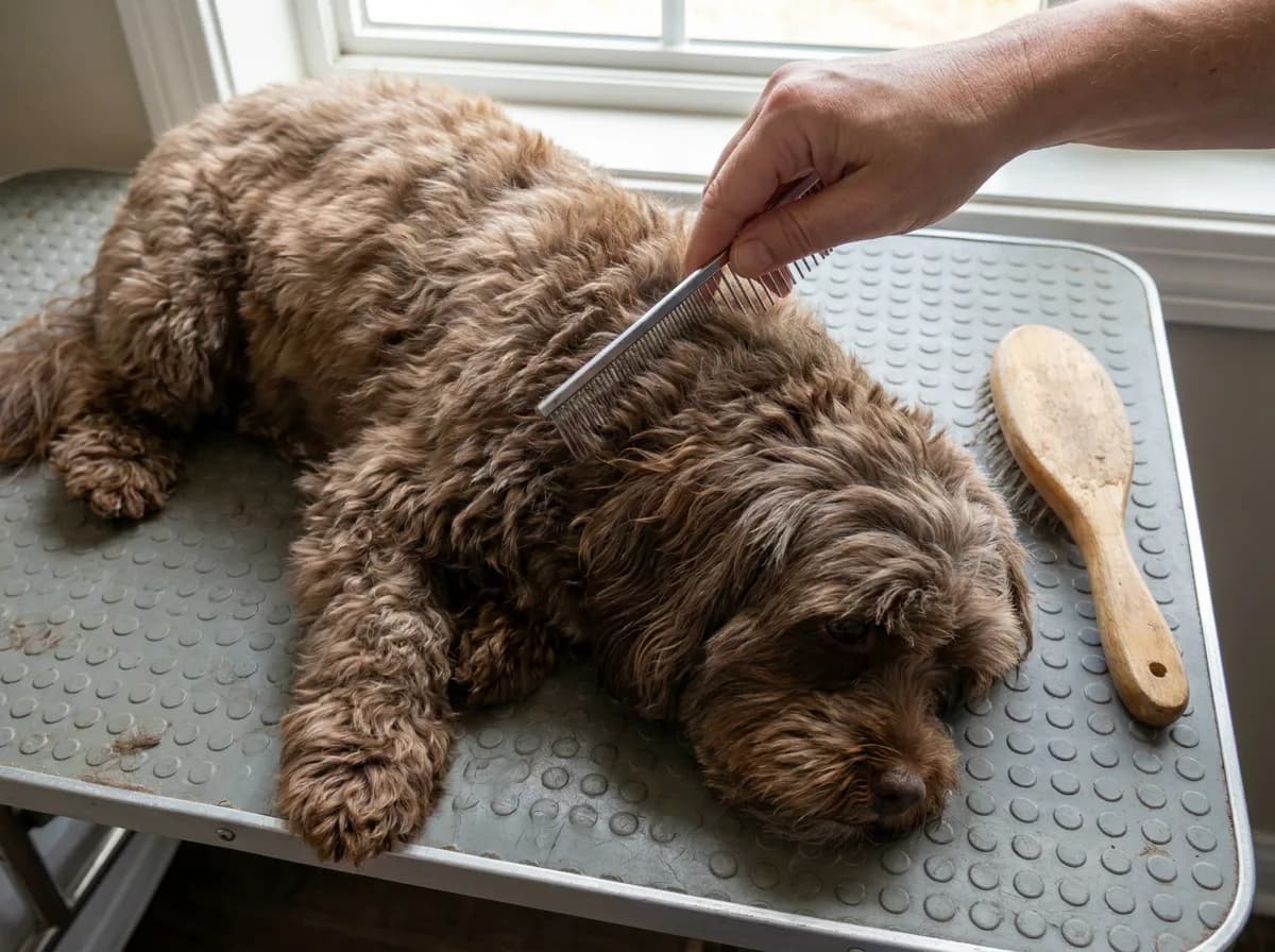 Person gently combing a brown dog lying on a nonslip grooming mat