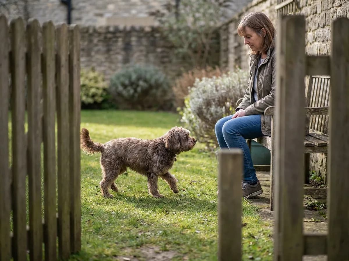 Brown small dog approaching a seated person in a fenced grassy yard