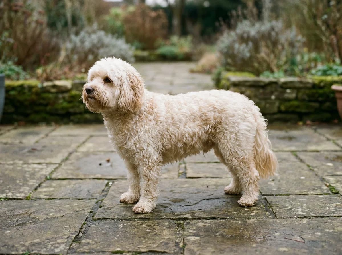 Cream small dog standing broadside on stone paving
