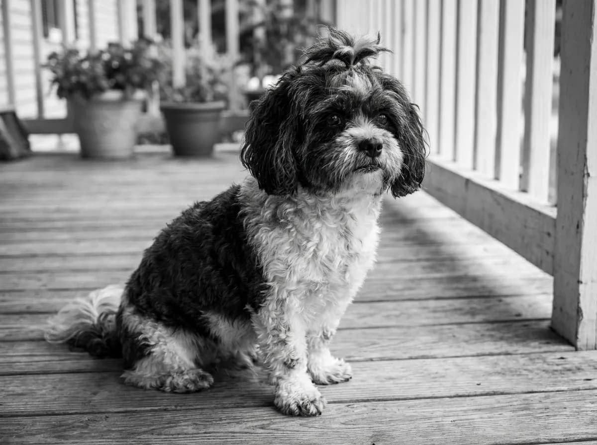 Black-and-white photograph of a long-coated small dog with a topknot on a porch