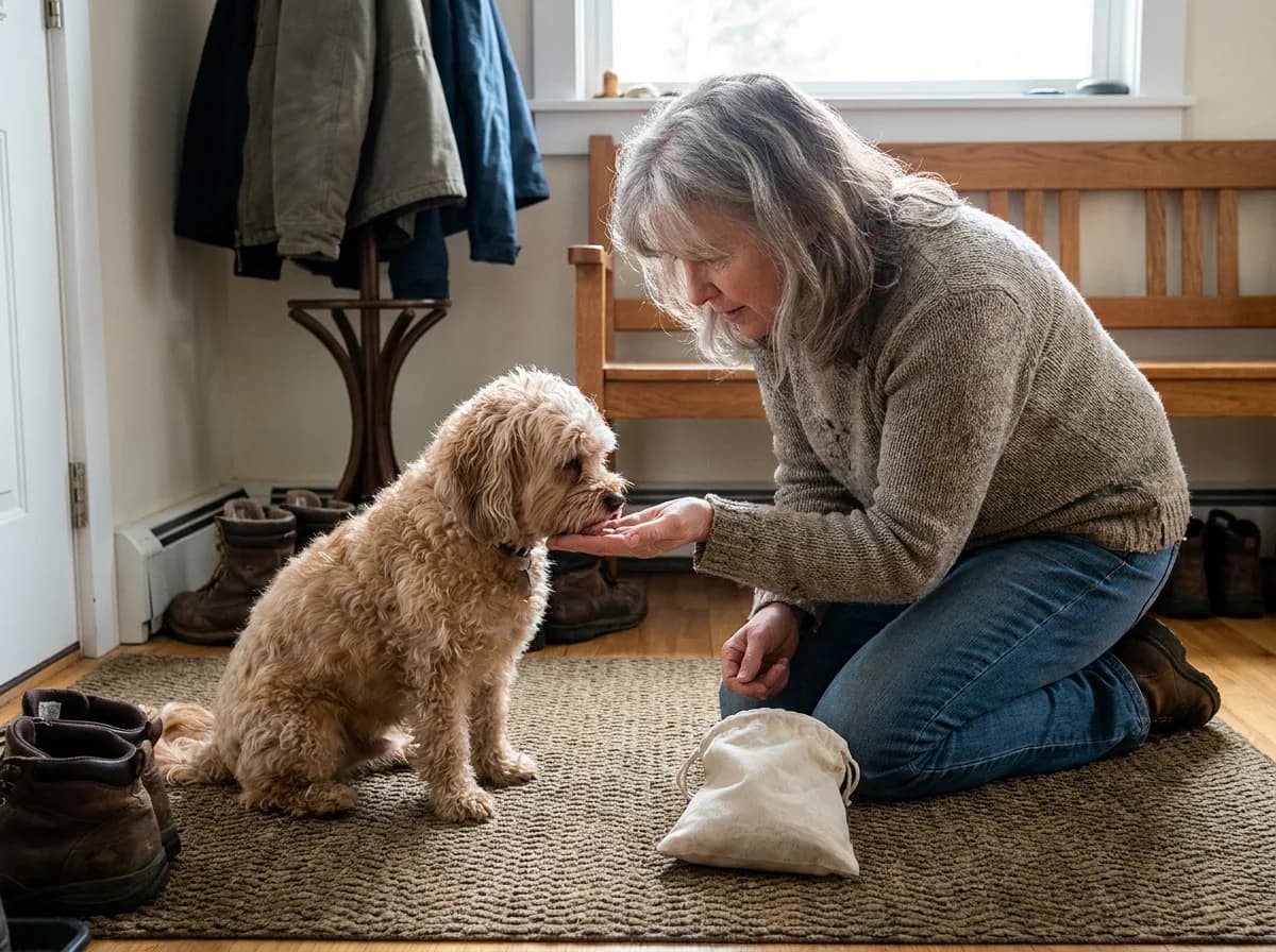 Person practicing a hand target with a tan small dog on an entryway mat