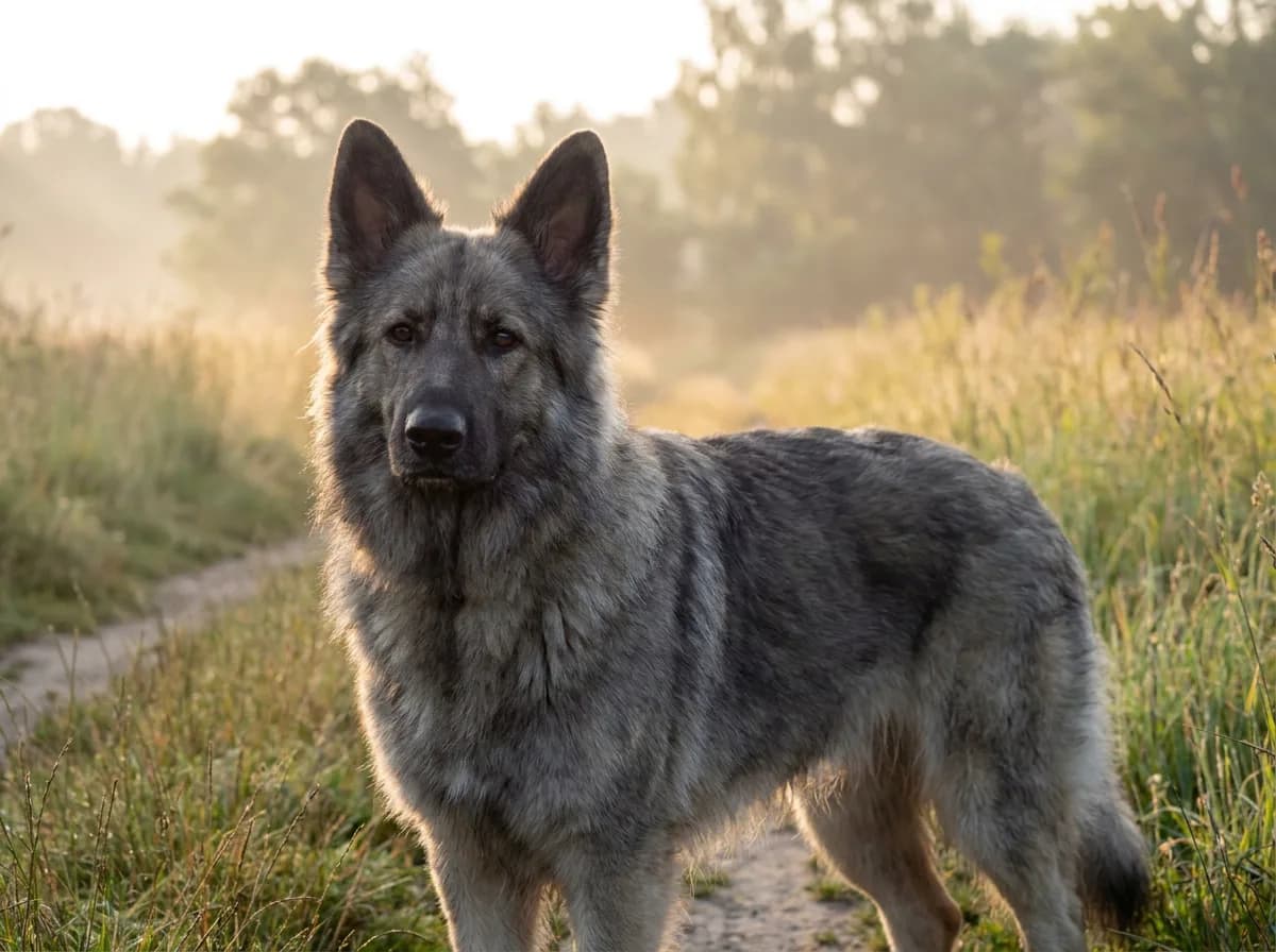 Gray sable Shiloh Shepherd standing in long grass