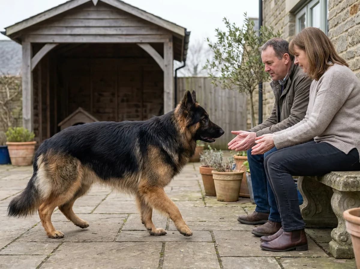 Large black-and-tan shepherd greeting two seated adults