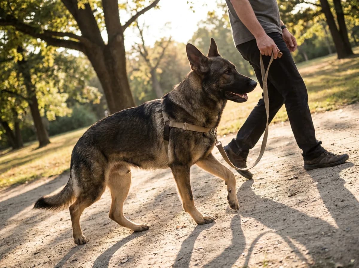 Sable shepherd walking beside a handler on a loose leash