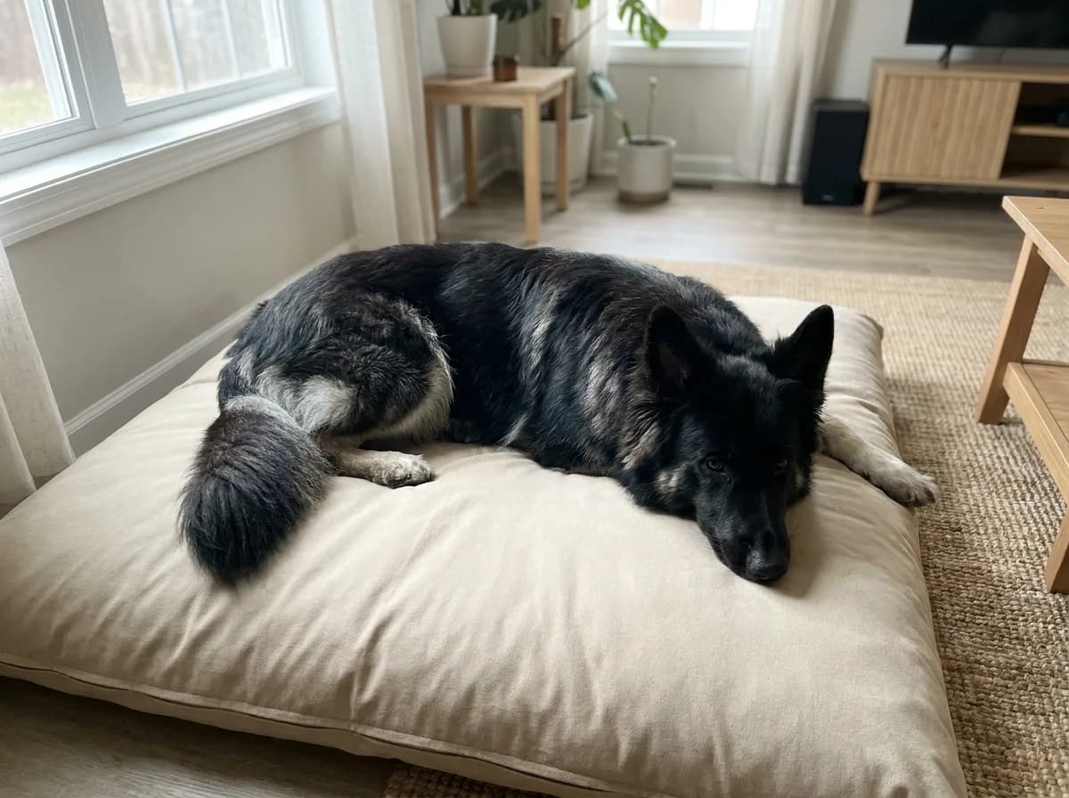 Large dark shepherd resting on a floor-level bed