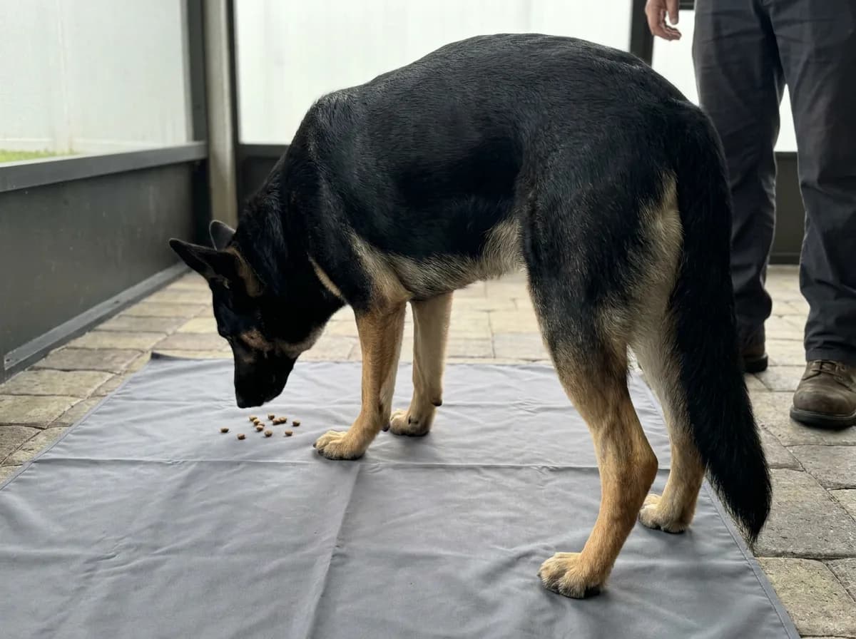 Black-and-tan shepherd sniffing scattered food on a mat