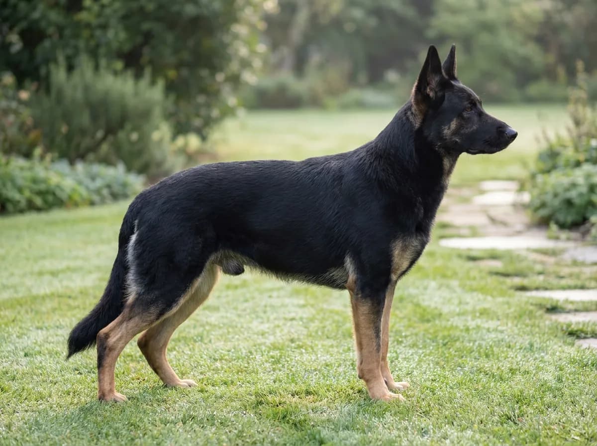 Smooth black-and-tan shepherd standing on grass