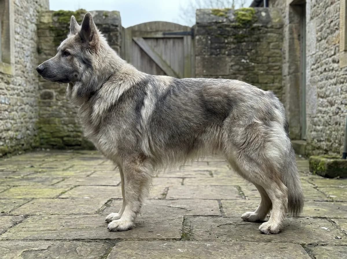 Long-coated gray sable shepherd standing in a stone courtyard
