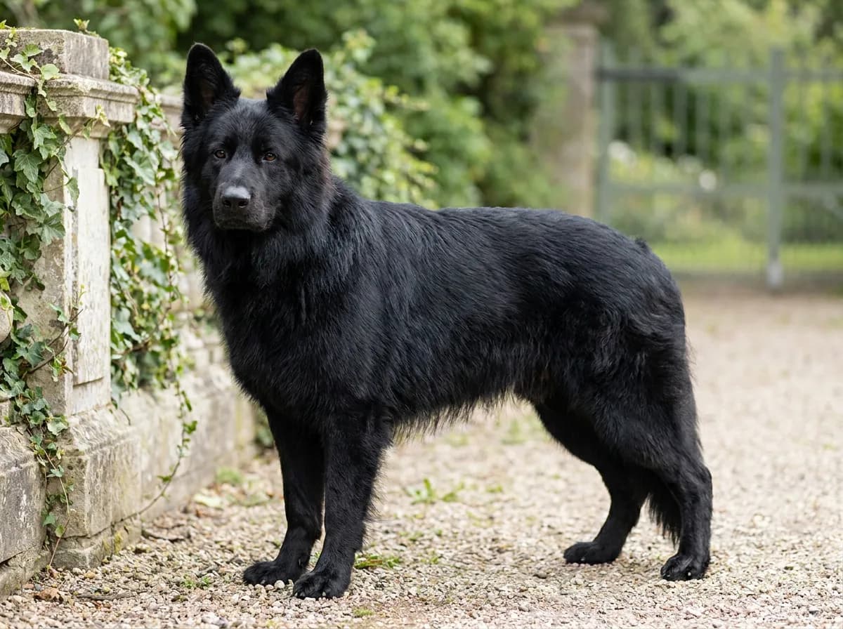 Black long-coated shepherd standing beside a stone wall