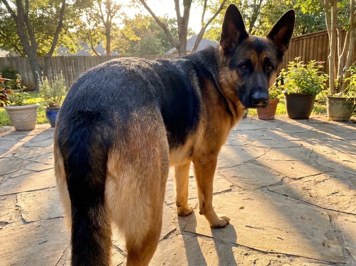 Black-and-tan shepherd looking back across a sunny patio