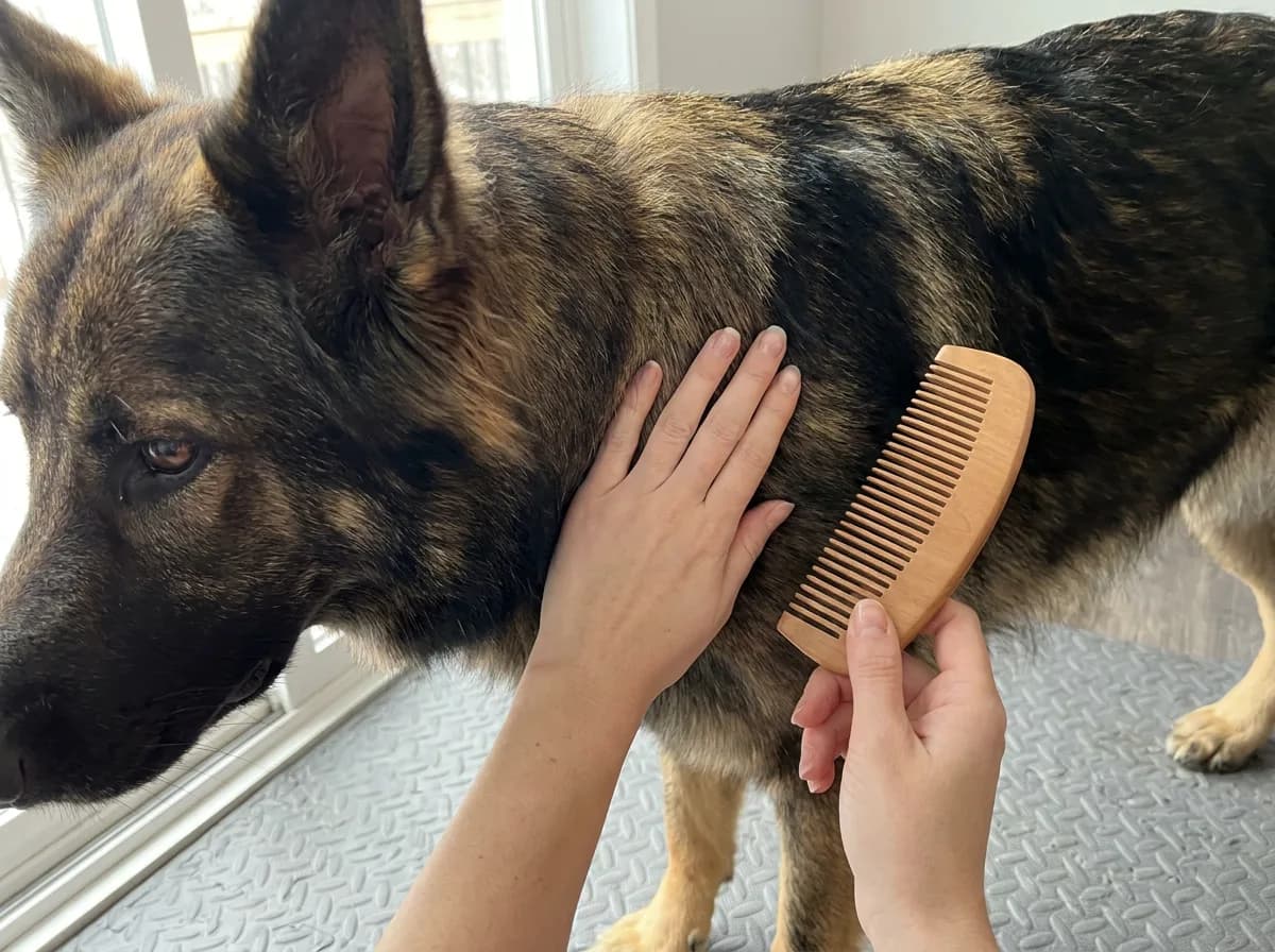 Caregiver checking a shepherd’s coat beside a grooming comb