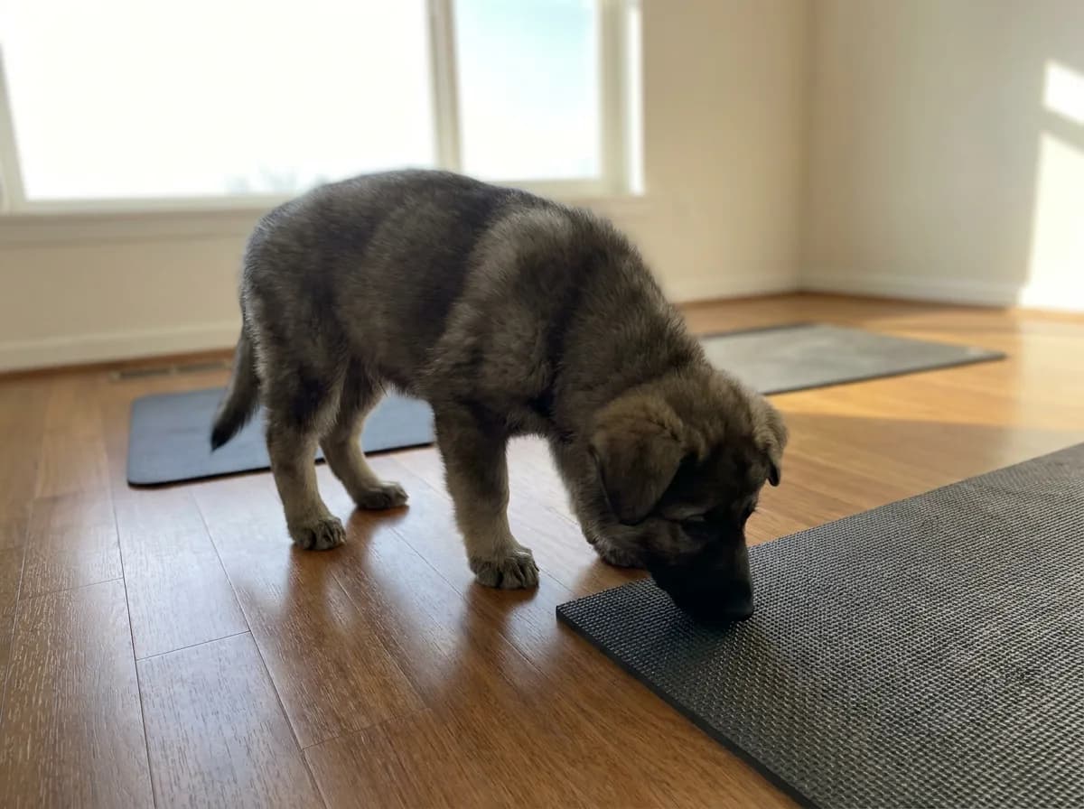 Gray sable shepherd puppy investigating a floor mat