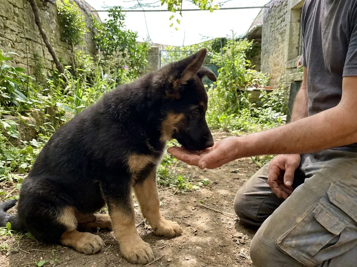 Shepherd puppy taking a reward from a seated caregiver