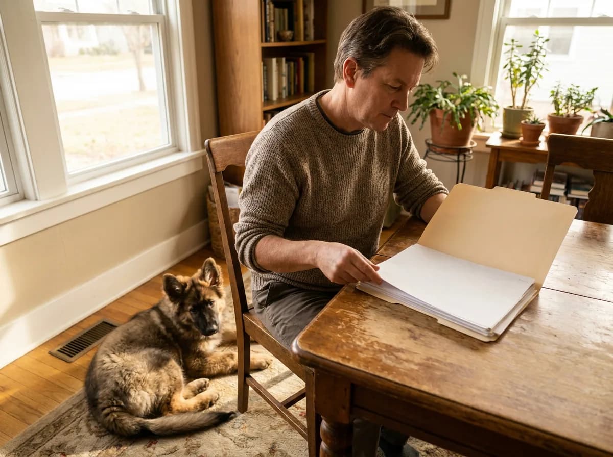 Adult reviewing a folder while a shepherd puppy rests nearby