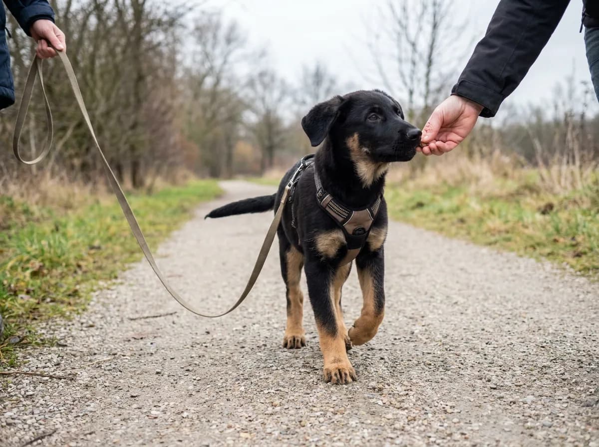 Young black-and-tan shepherd wearing a harness on a path
