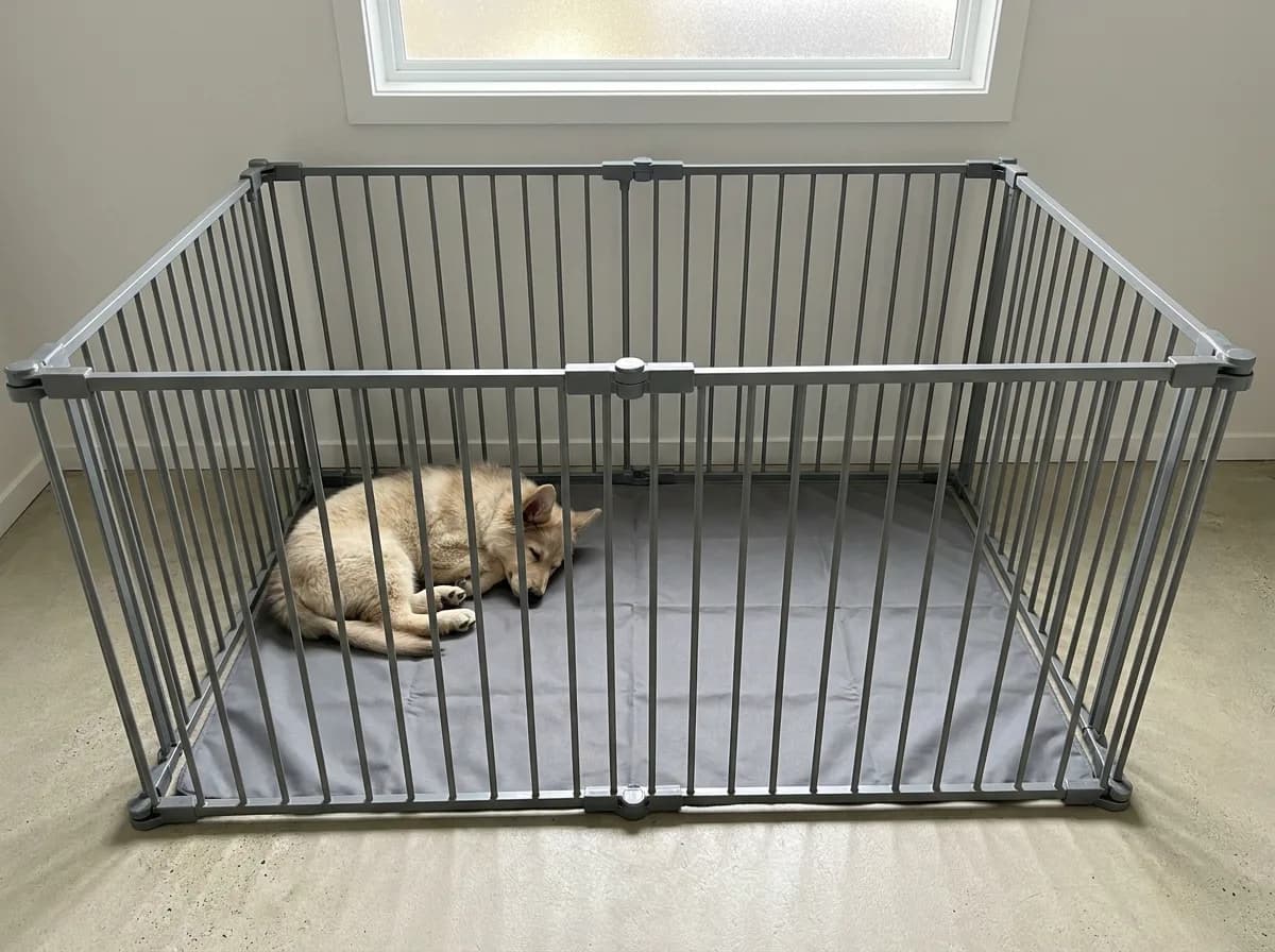 Puppy resting on a mat inside a secure pen