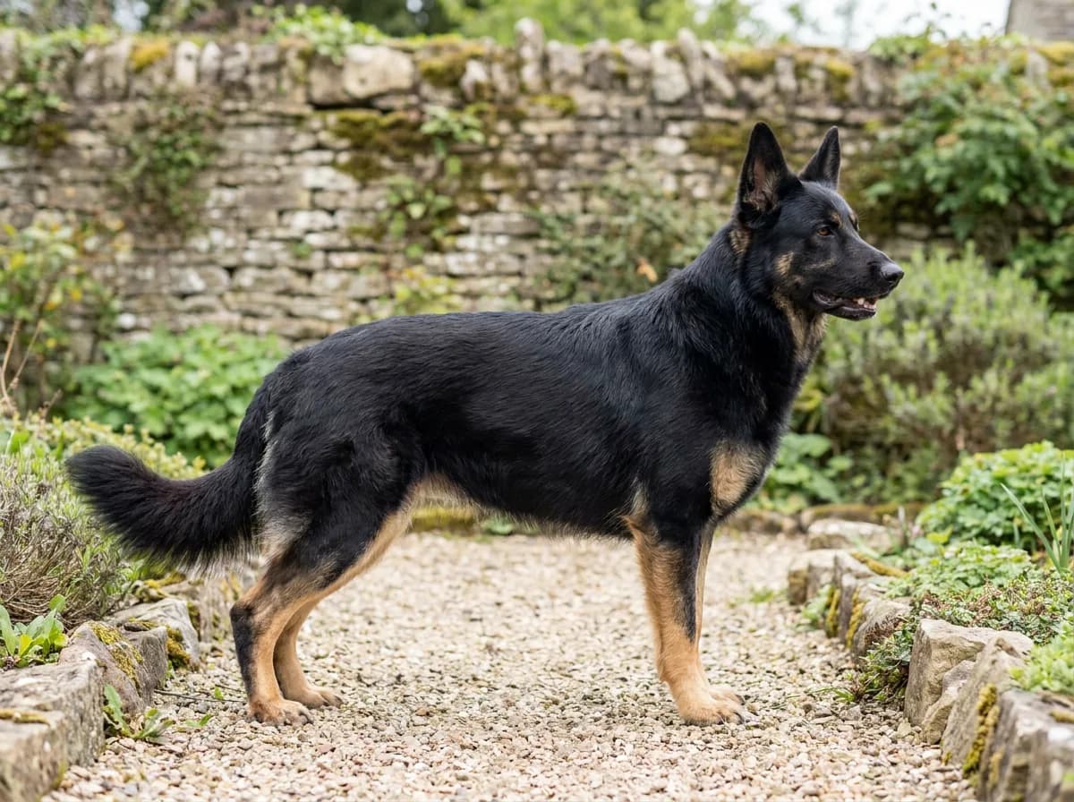 Black-and-tan shepherd standing on a garden path