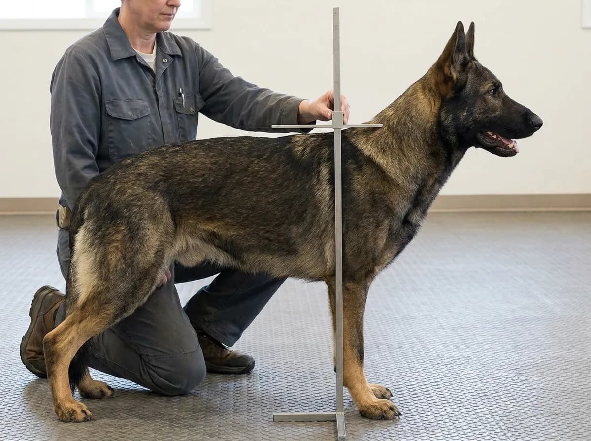 Caregiver measuring a shepherd at the shoulders with a floor-supported wicket