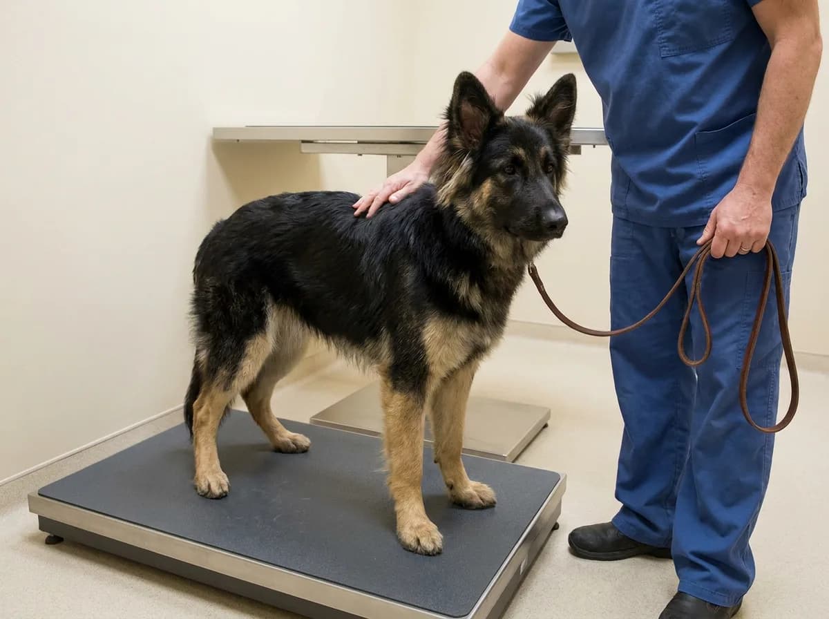 Shepherd standing on a veterinary scale beside a clinician