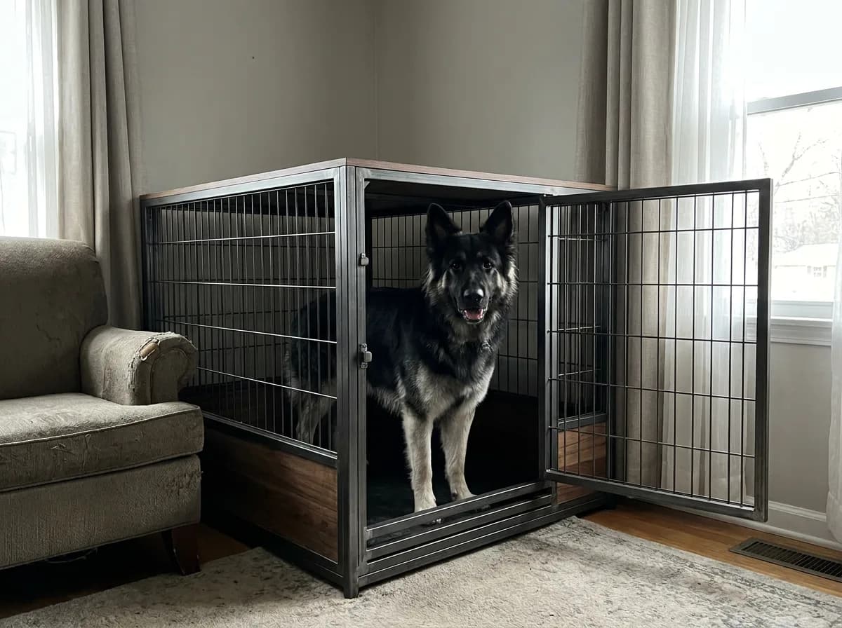 Large shepherd standing inside an open crate